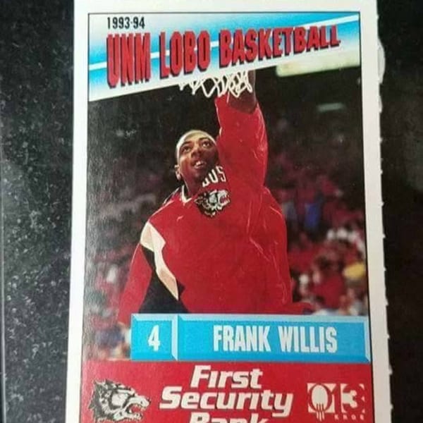 A 1993-94 UNM-Lobo Basketball trading card featuring Frank Willis in a red jersey dunking.
